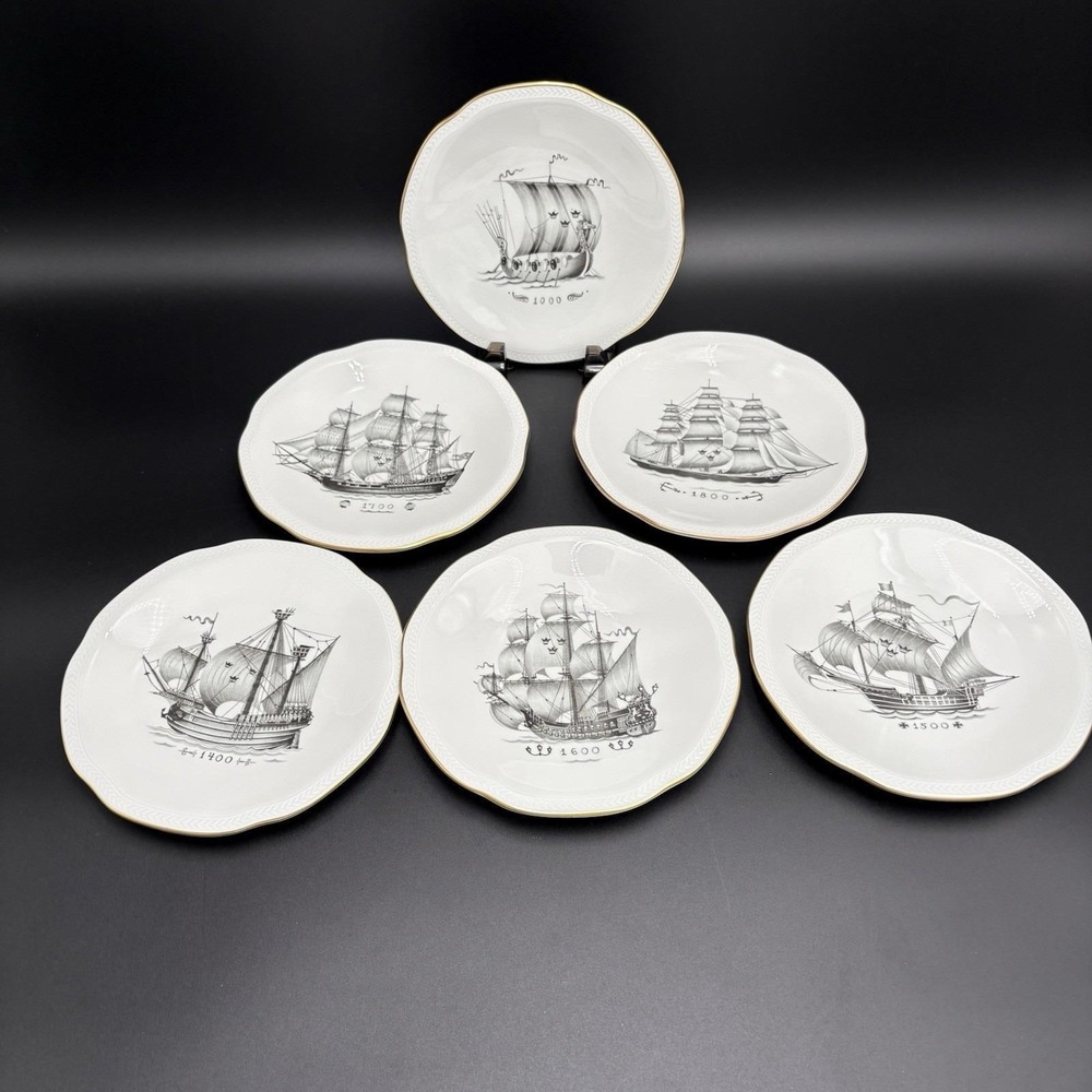 Rorstrand Swedish Antique Ships Set Of 6 7 7/8"  Plates Gold Edge Vintage